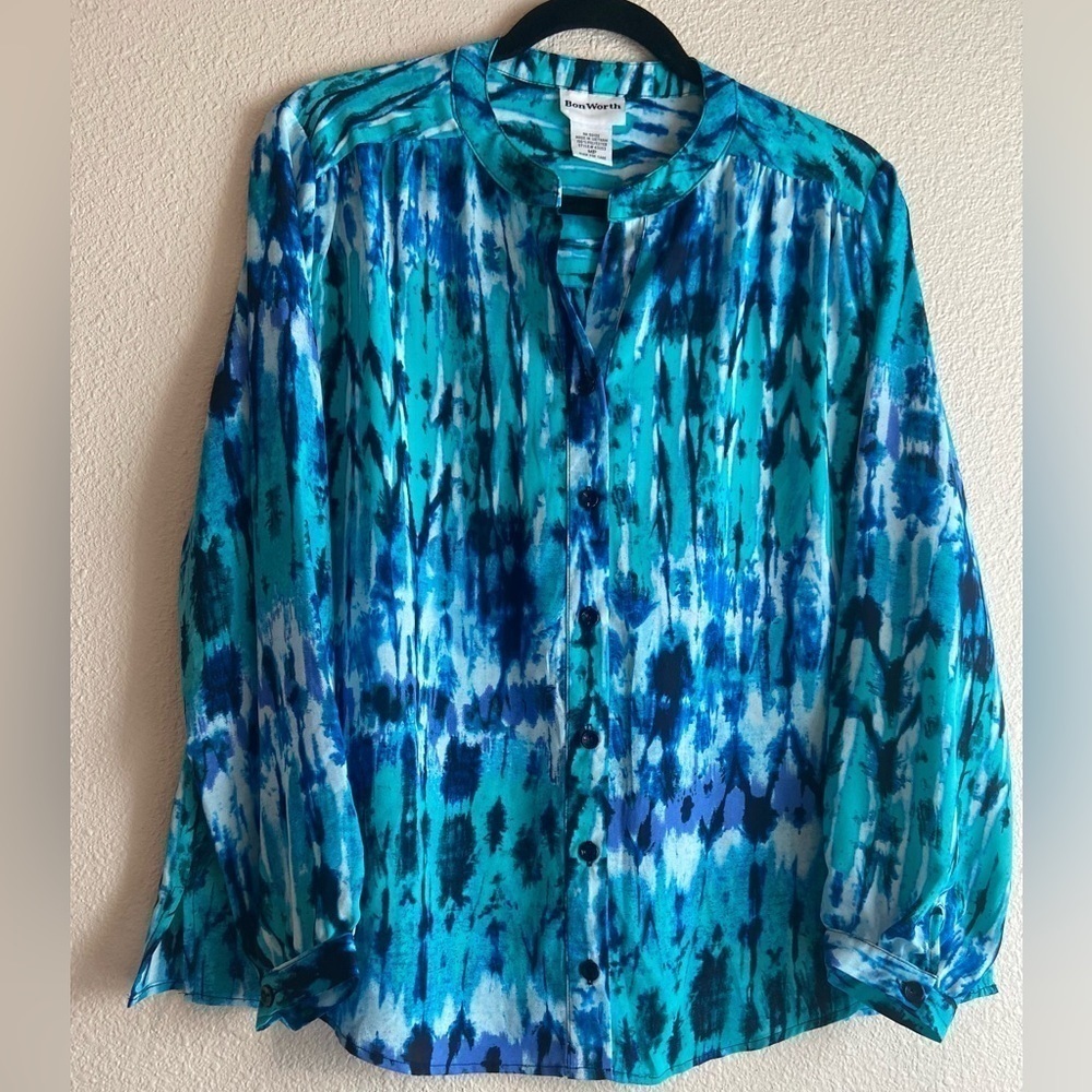 Bon Worth~NWOT Lovely Colorful Abstract Button-Up Blouse~Mandarin Collar~Size MP
